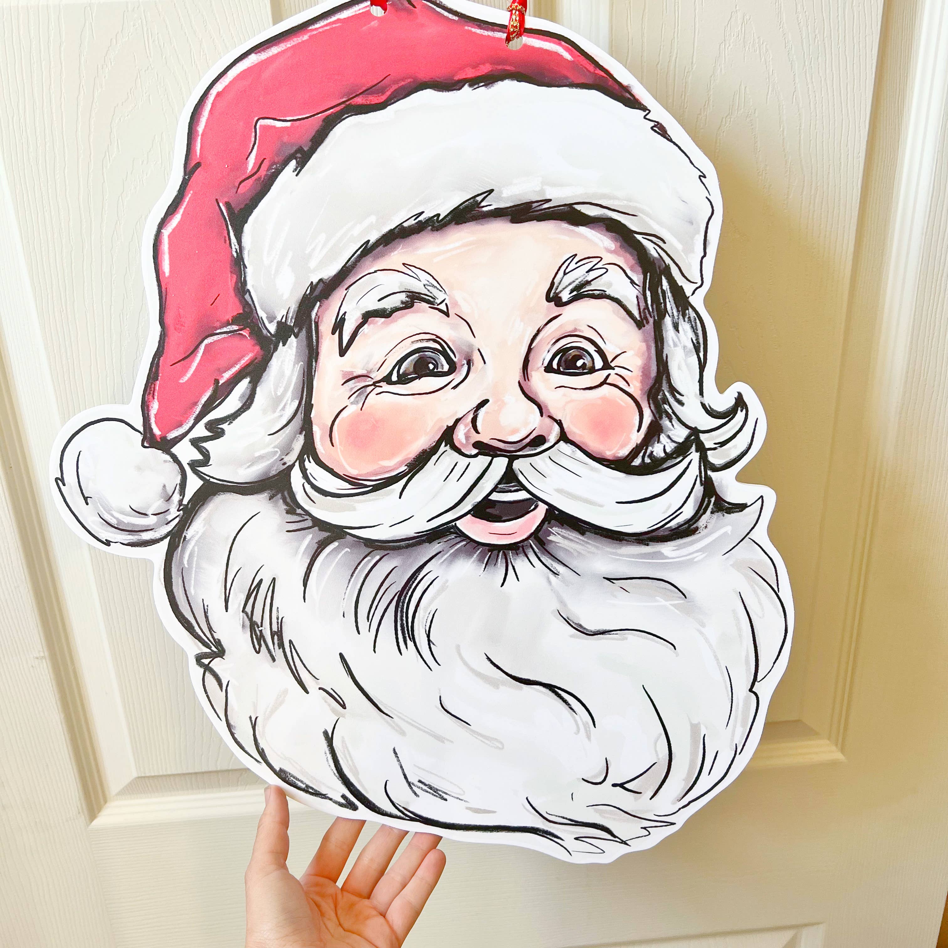 Vintage Jolly Santa Door Hanger -Christmas Holiday Door Sign