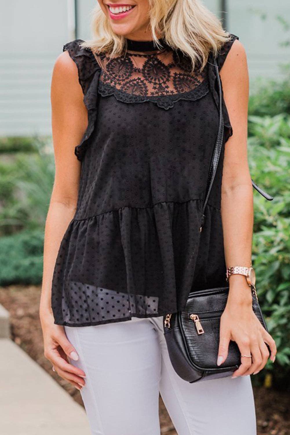 Lace Detail Dotted Print Sleeveless Top