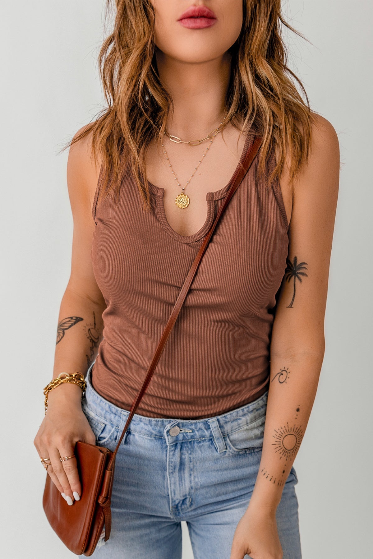 Notched Neck Ribbed Knit Tank Top