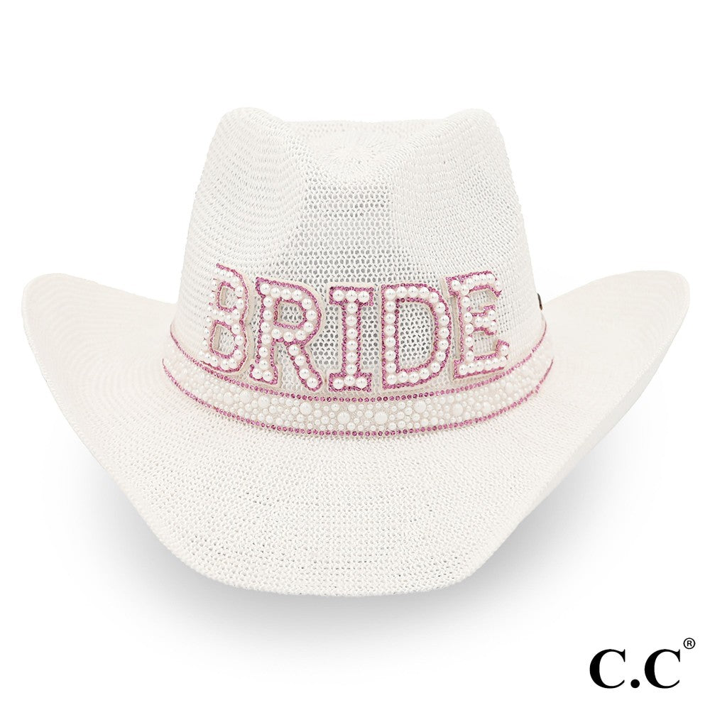 Bride Cowboy Hat With Pearl & Rhinestone Trim Band