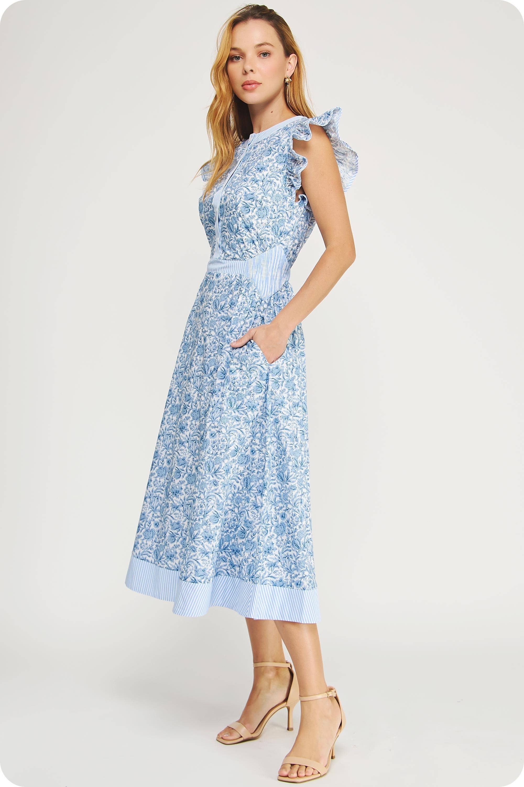 Floral Print Stripe Contrast Midi Dress