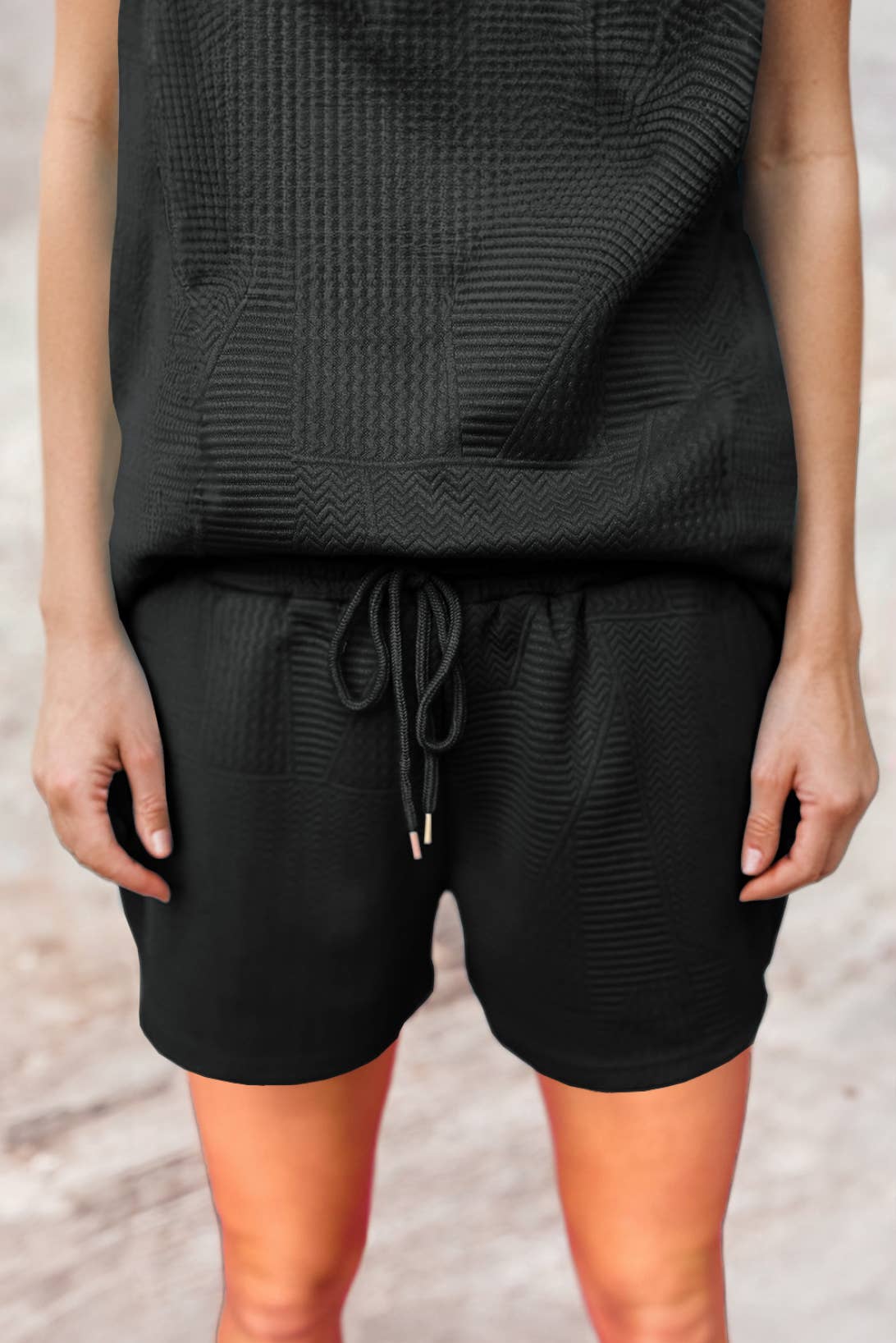 2 PC Black Textured Ruffle and Drawstring Shorts