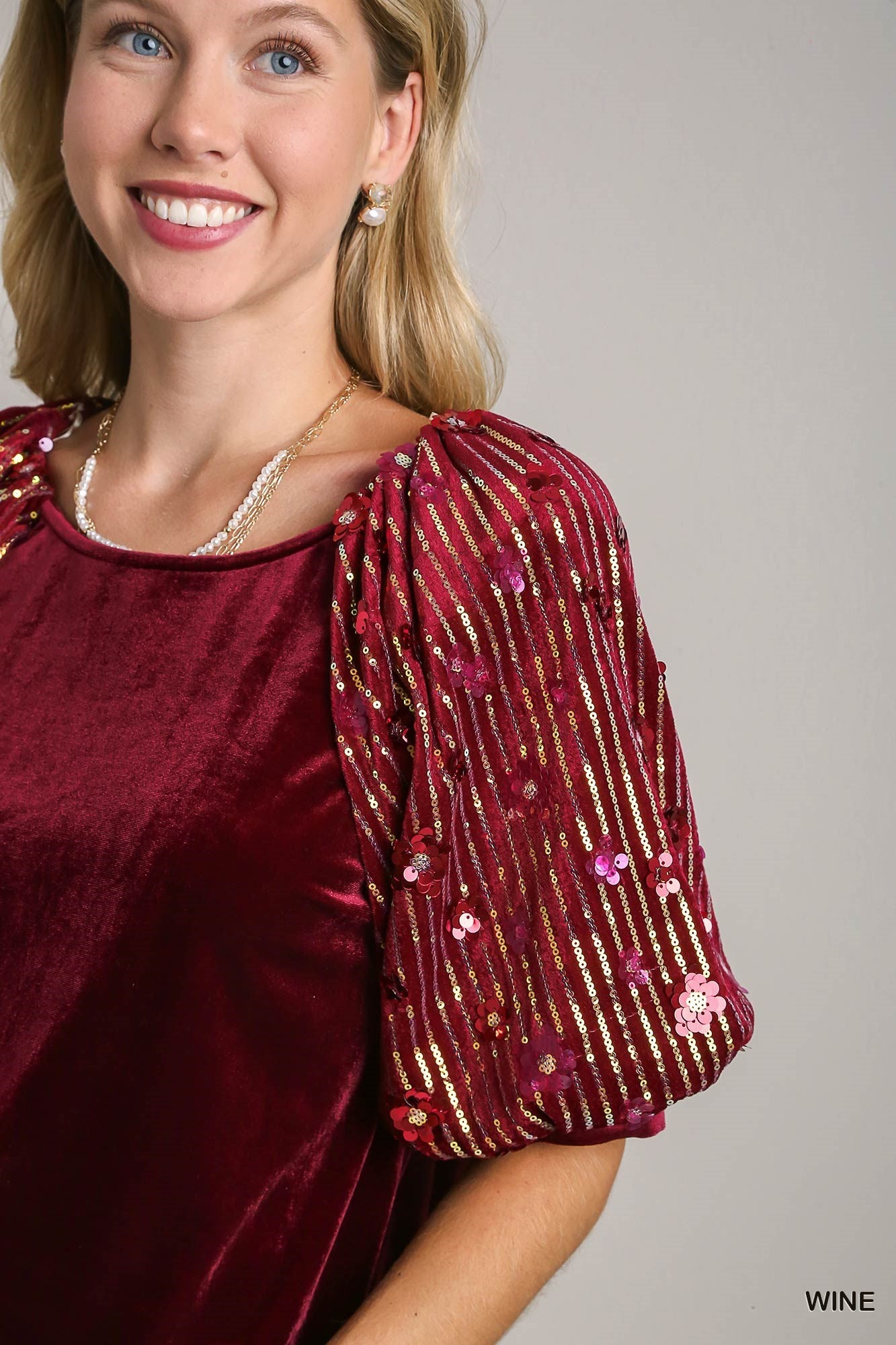Velvet and Sequin Top With Puff Sleeve