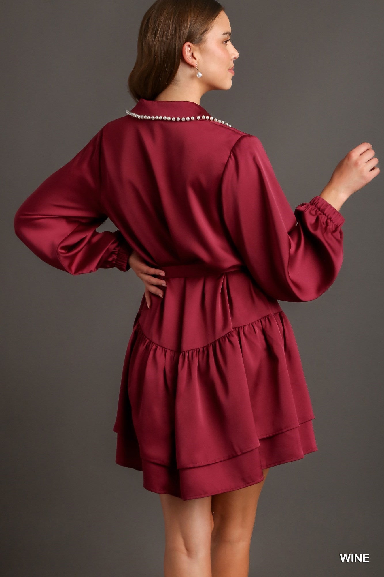 Collared Satin Button Down Shirt Dress with Pearl