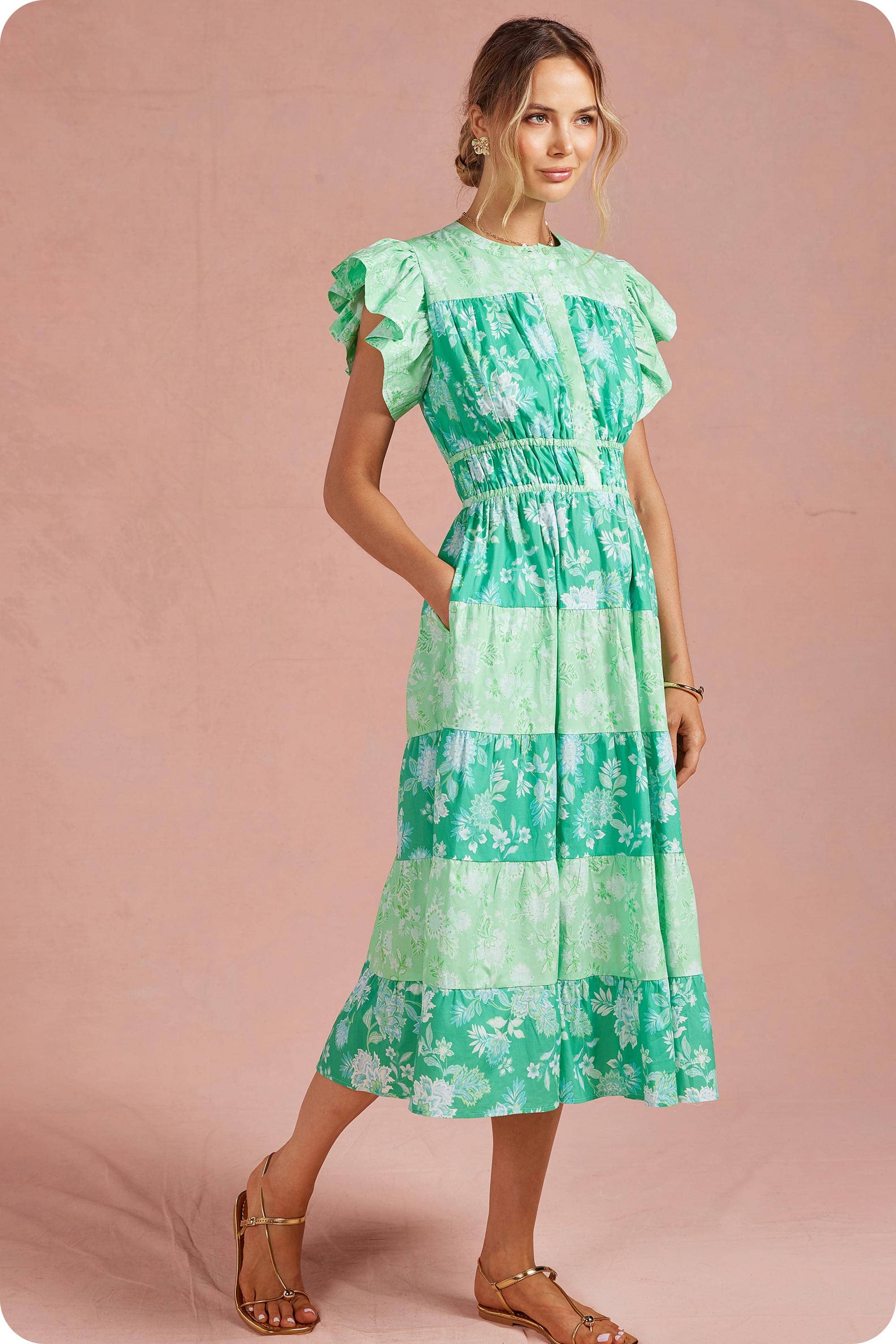 Botanical Garden Color Block Tiered Midi Dress