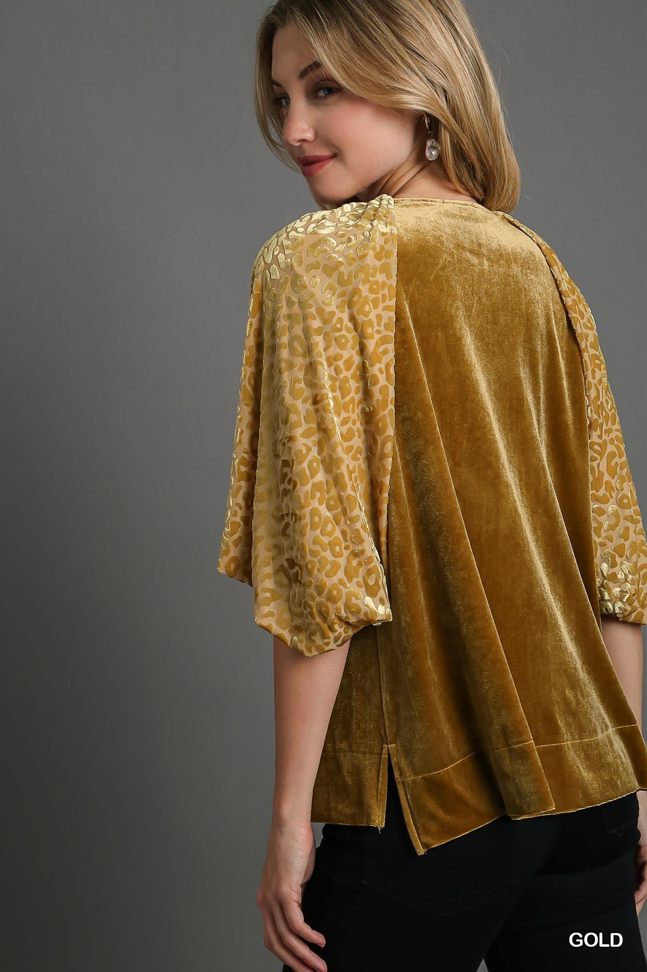 Gold Velvet Top with Bubble Sleeves