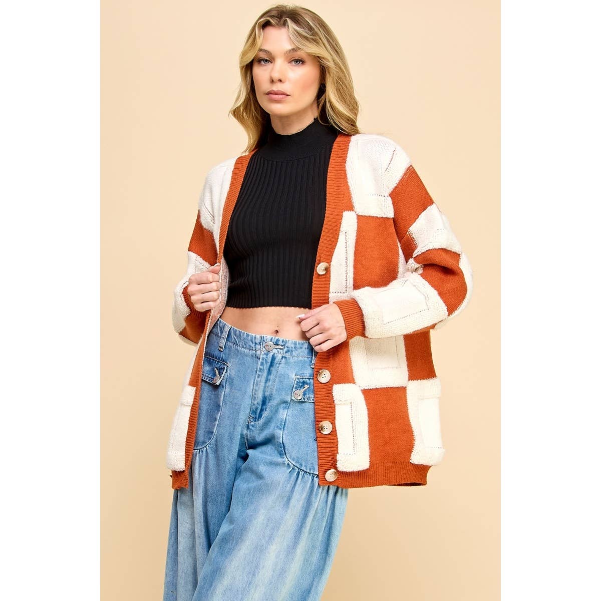 Square Chess Chunky Knit Cardigan