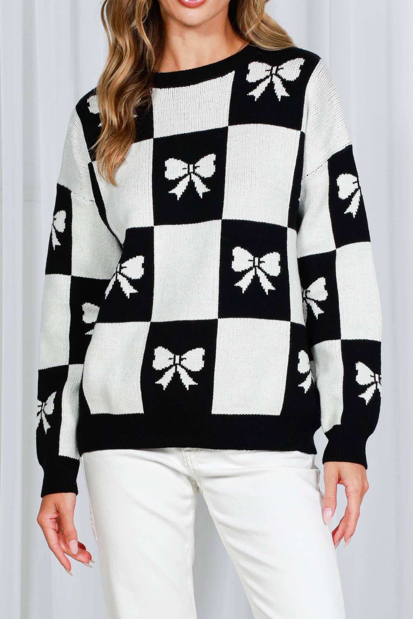 Checkered Bow Printed Sweater