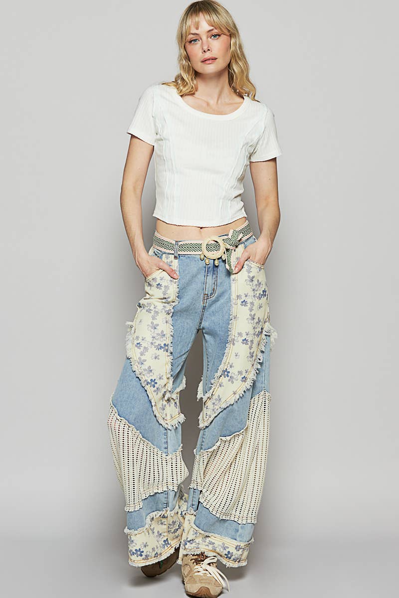 Floral Print Crochet Jeans