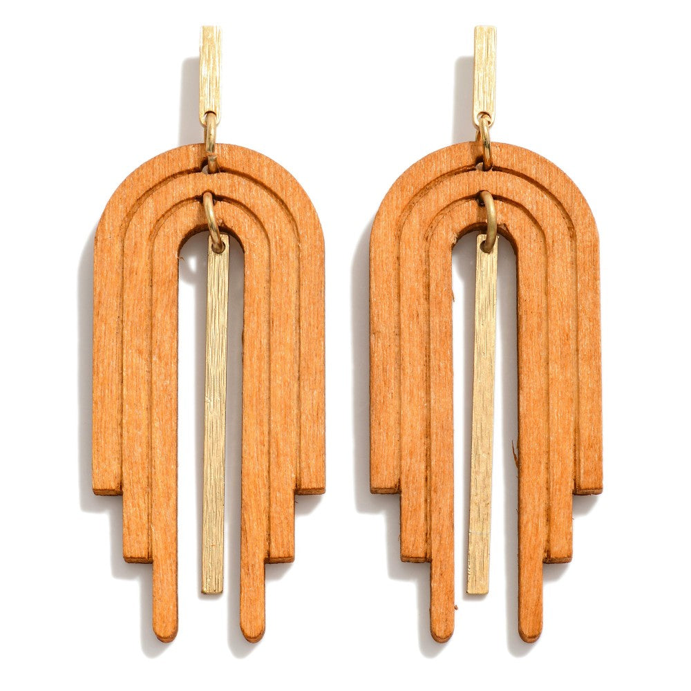 Linked Wood Arch Drop Earrings With Gold Tone Accent