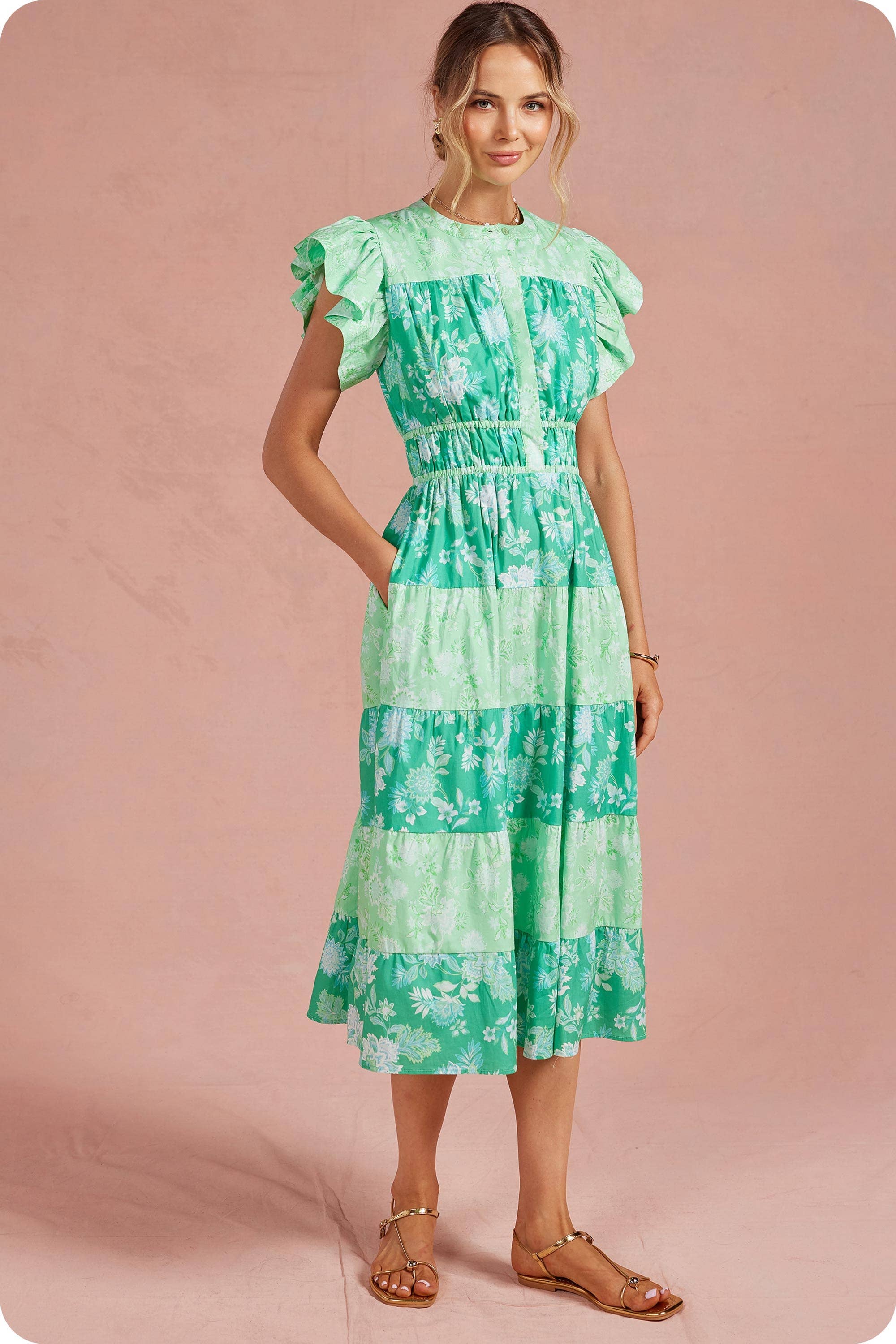 Botanical Garden Color Block Tiered Midi Dress