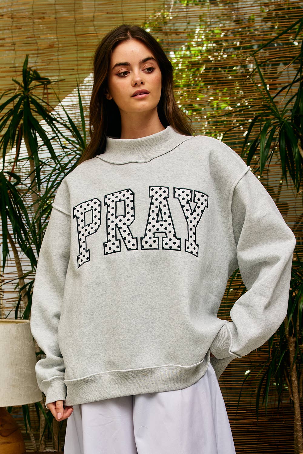Embroidered "PRAY" Mock Neck Sweatshirt