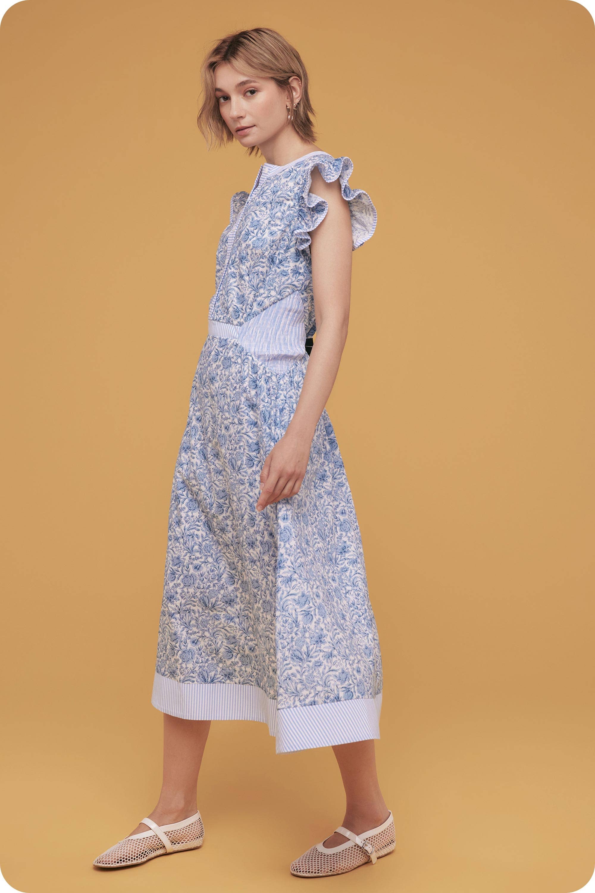 Floral Print Stripe Contrast Midi Dress