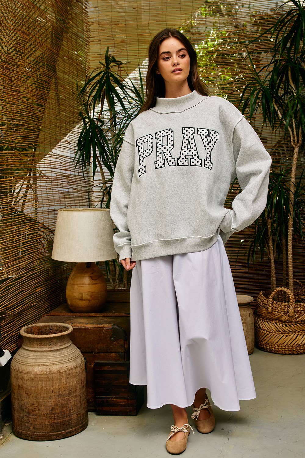 Embroidered "PRAY" Mock Neck Sweatshirt