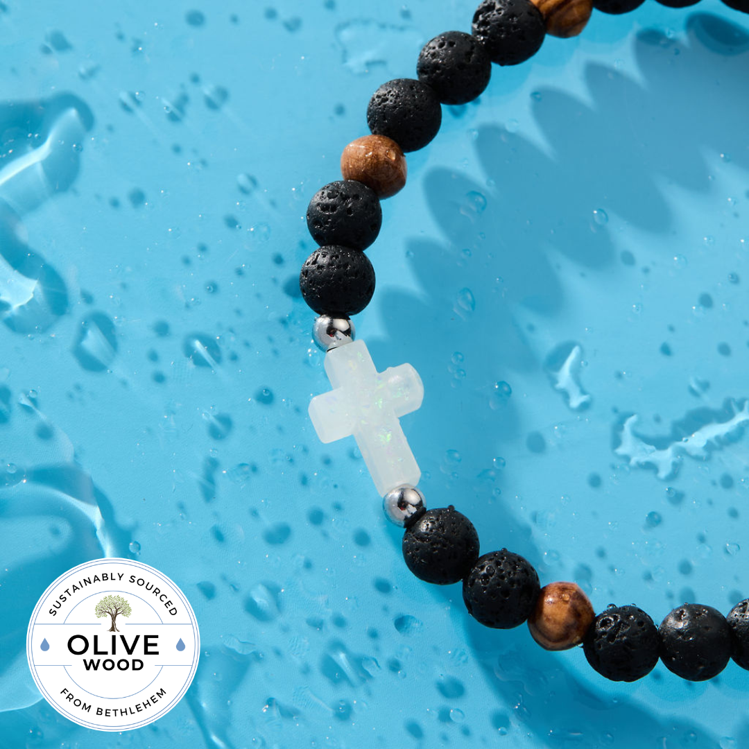 HOLY WATER MEN'S OLIVE WOOD CROSS BRACELET