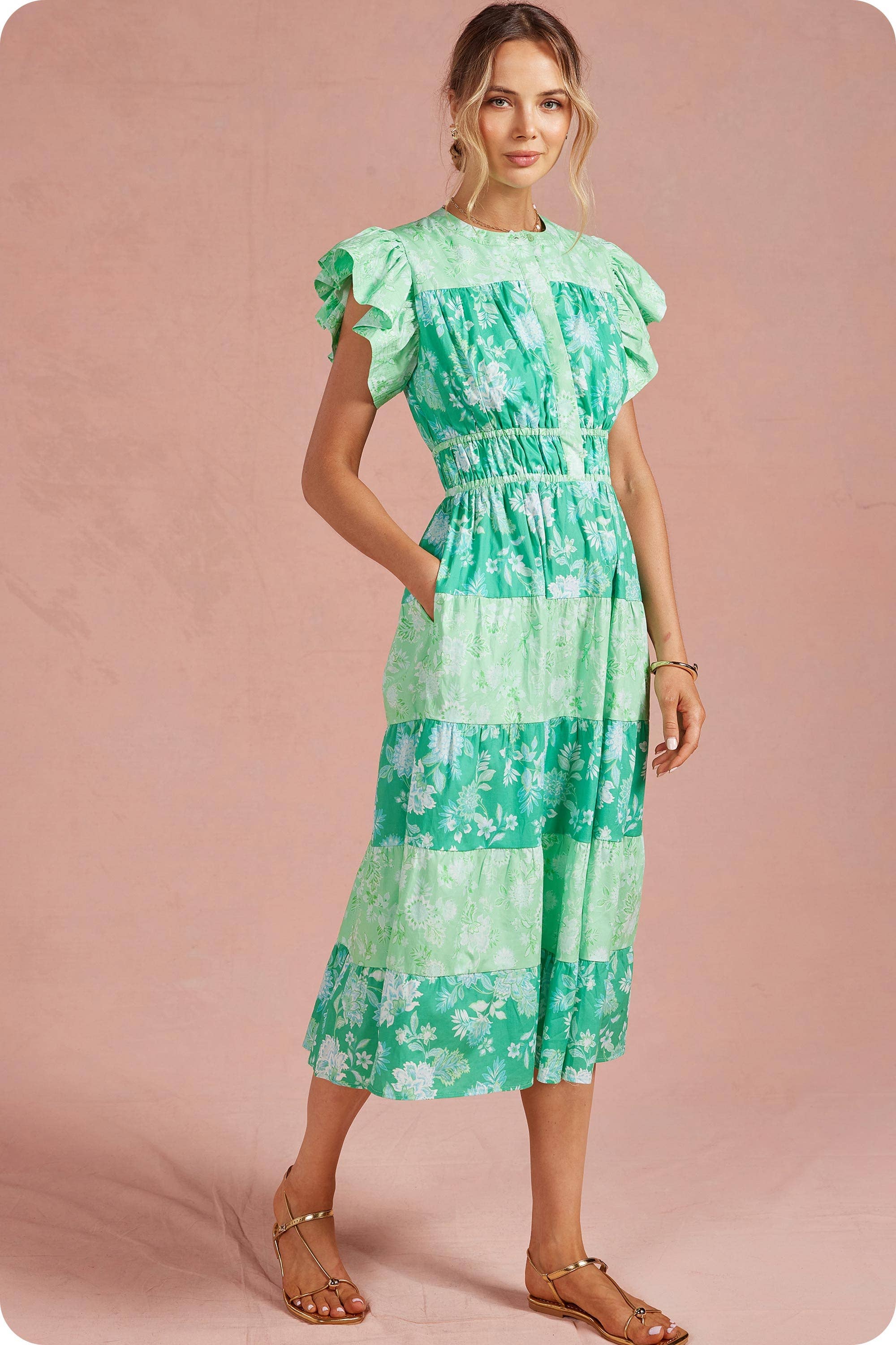 Botanical Garden Color Block Tiered Midi Dress