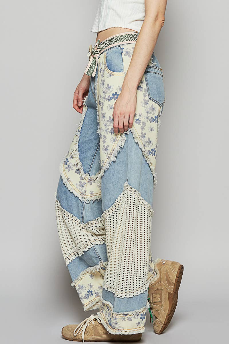 Floral Print Crochet Jeans