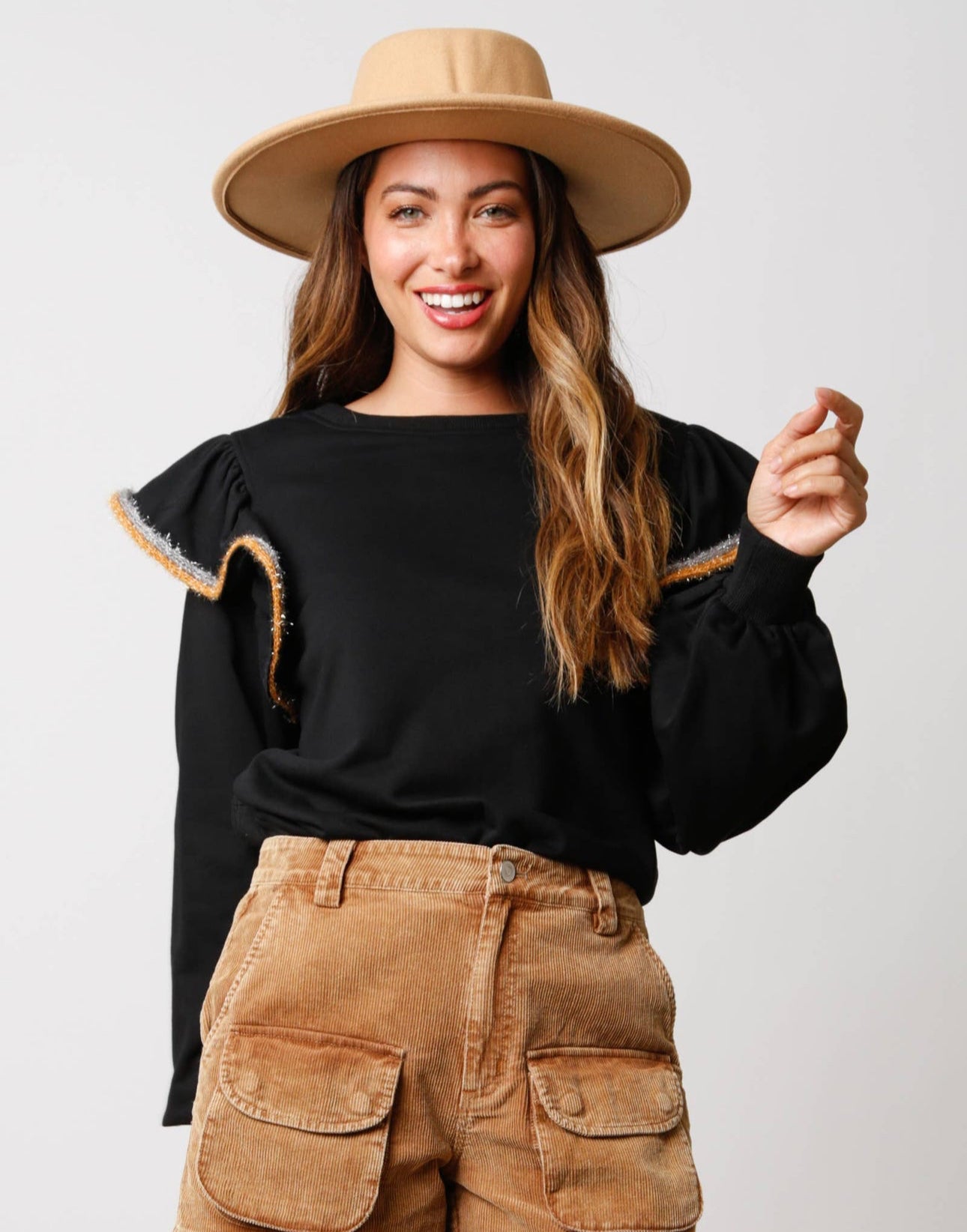 Black French Terry Pull Over with Ruffled Sleeves