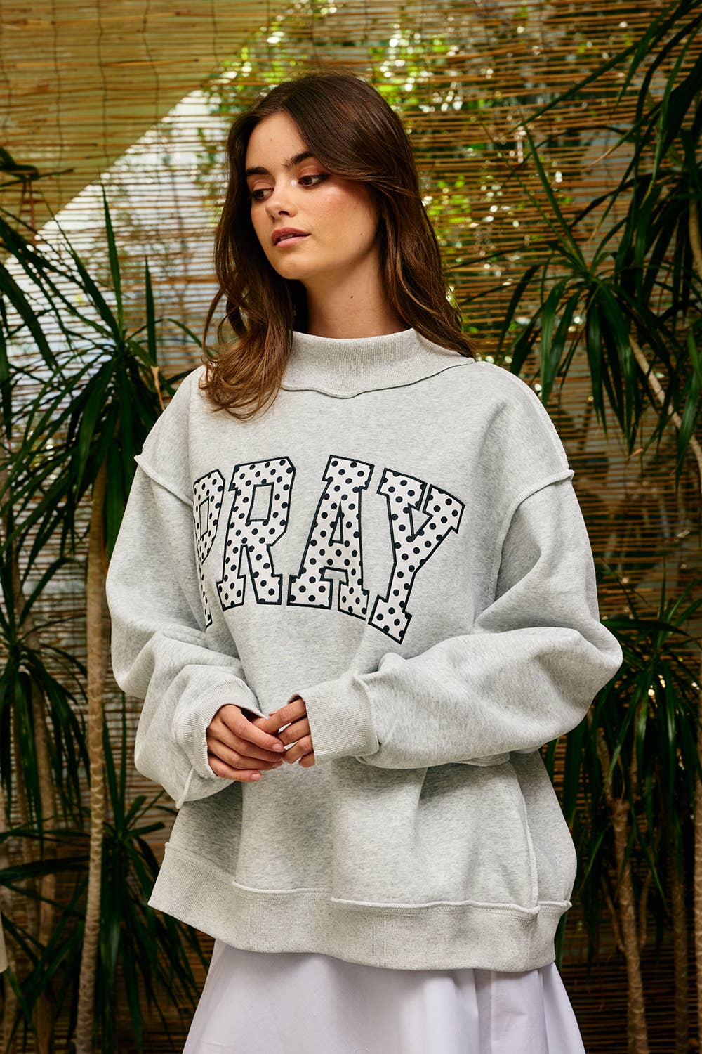Embroidered "PRAY" Mock Neck Sweatshirt