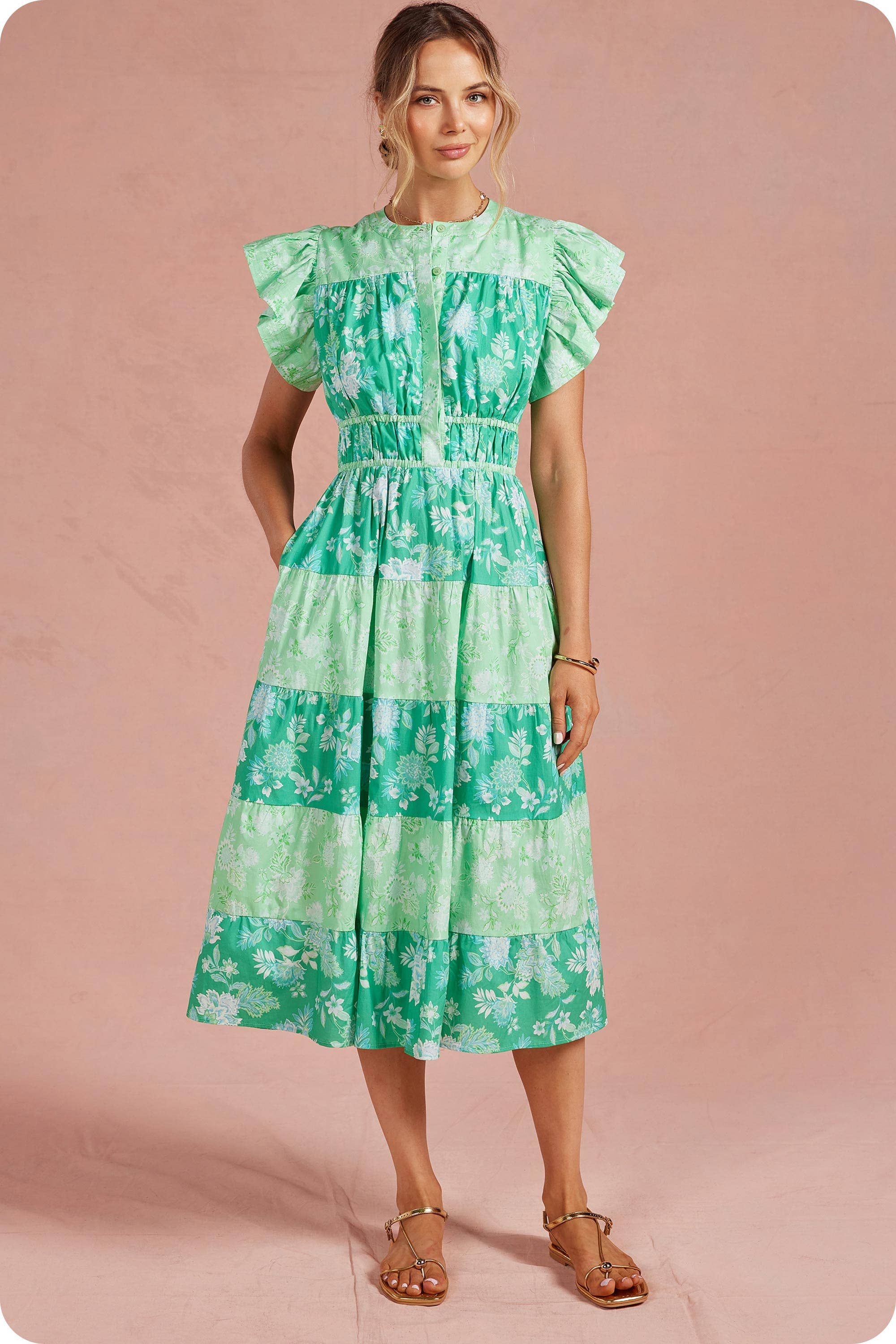 Botanical Garden Color Block Tiered Midi Dress