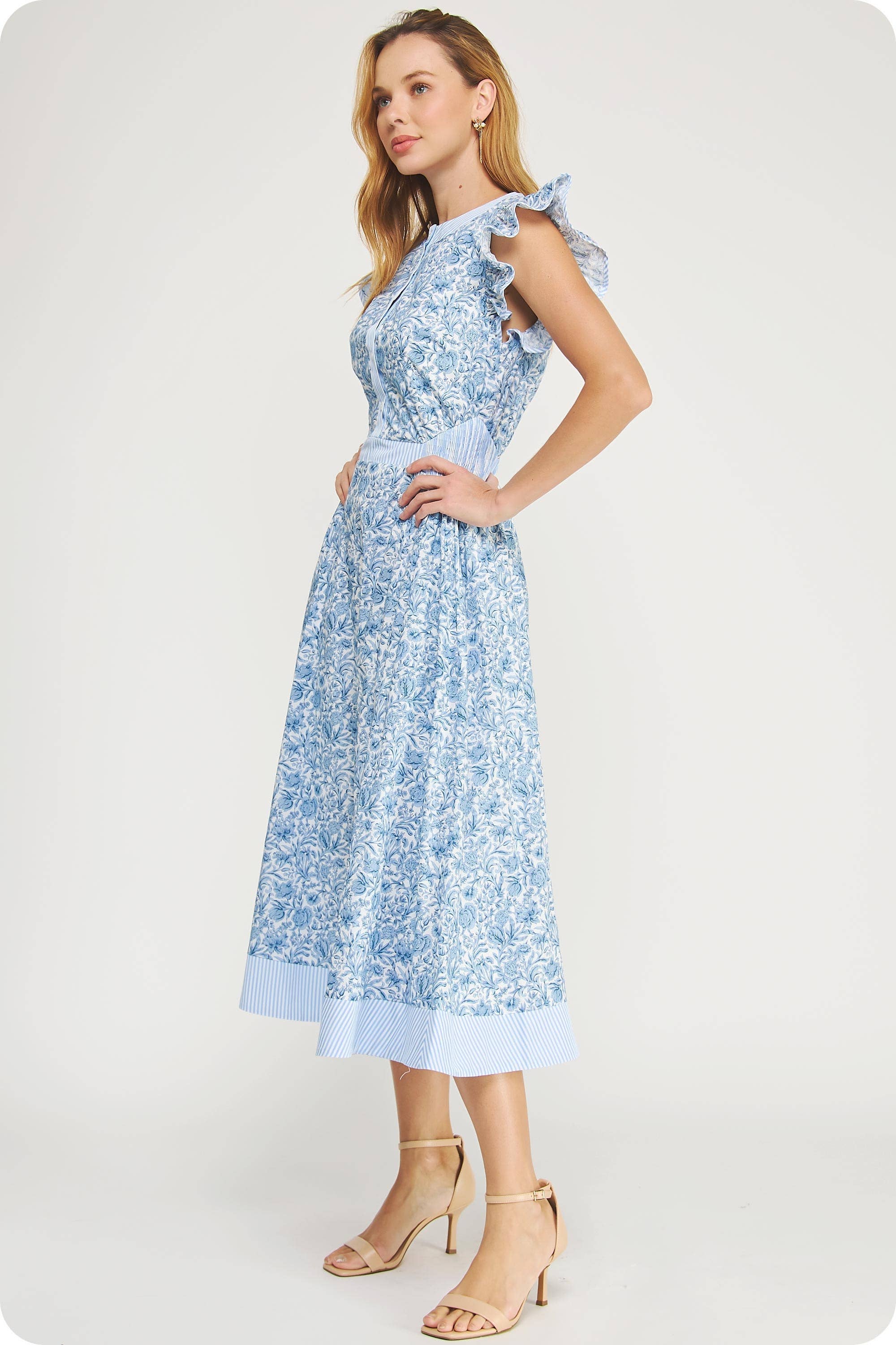 Floral Print Stripe Contrast Midi Dress