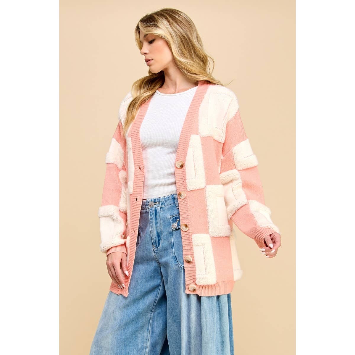 Square Chess Chunky Knit Cardigan