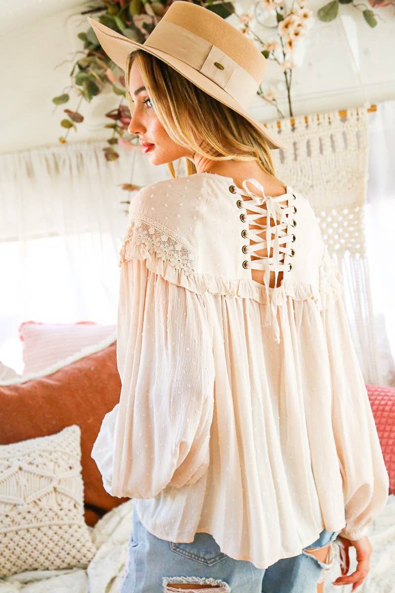 Boho Swiss Dot Lace-Up Blouse