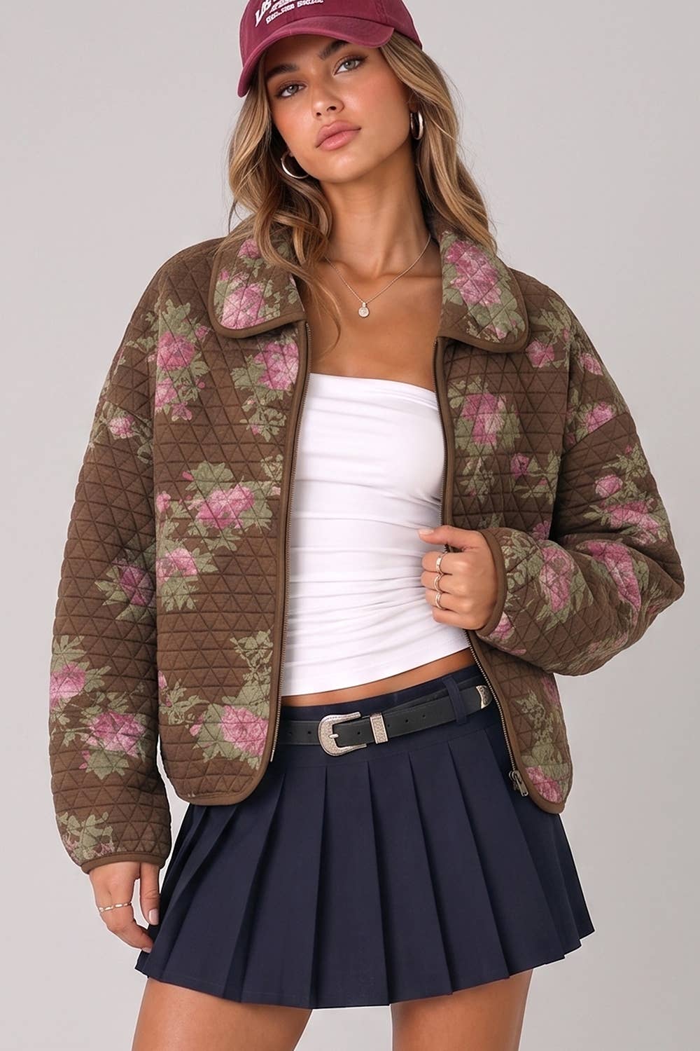 Mocha Floral Print Quilted Jacket