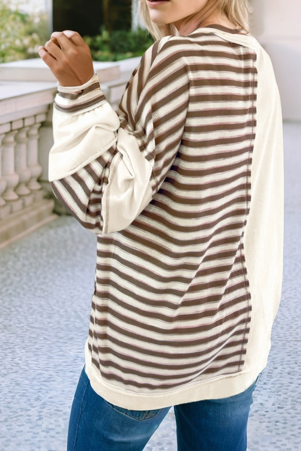 Stripe Stitched Detail Patchwork Oversized Pullover Top