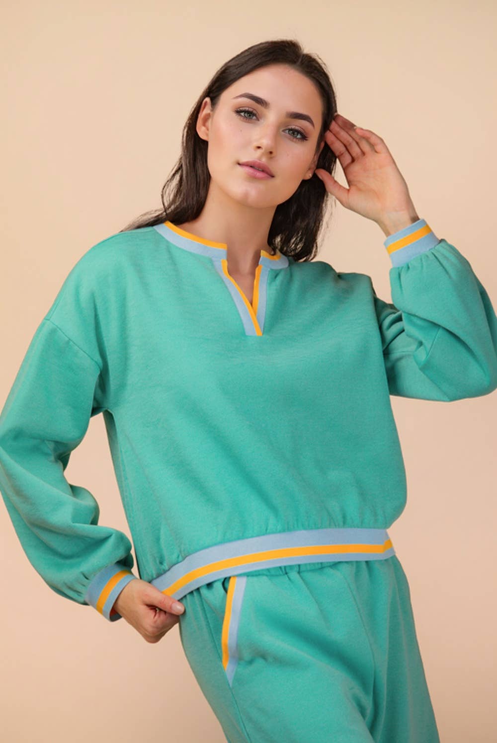 Color Block Band Detail Comfy Knit Set