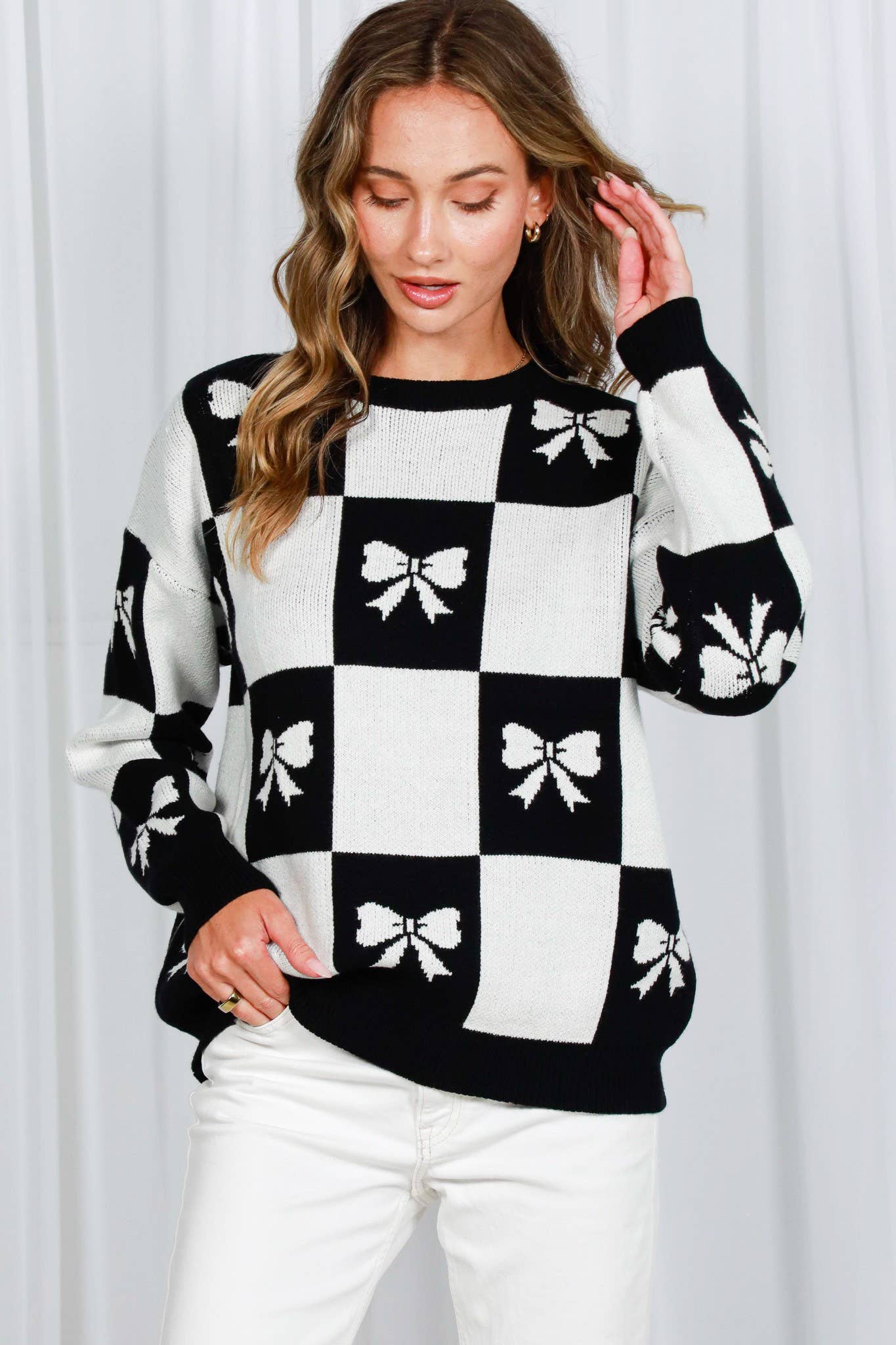 Checkered Bow Printed Sweater