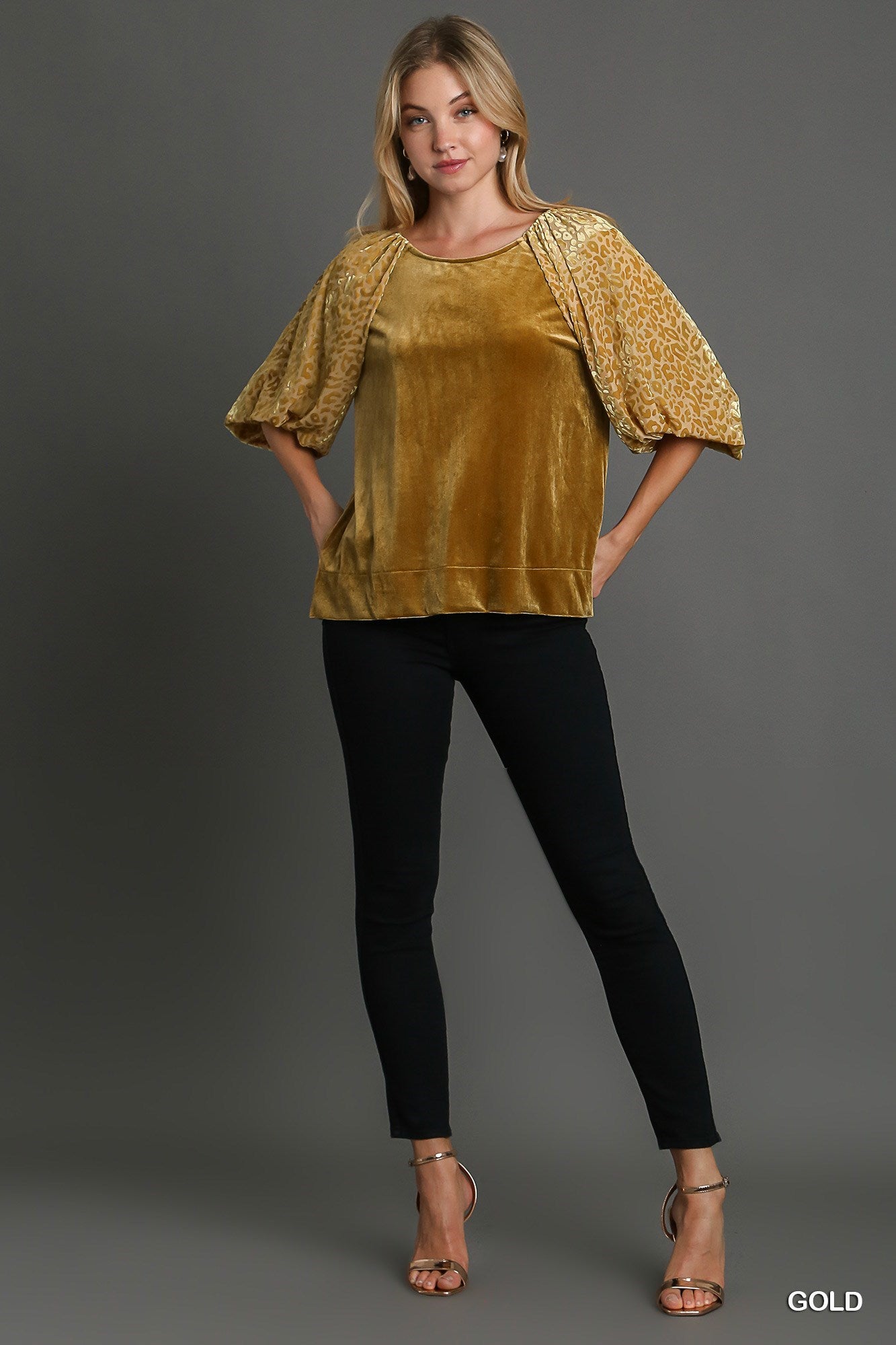 Gold Velvet Top with Bubble Sleeves