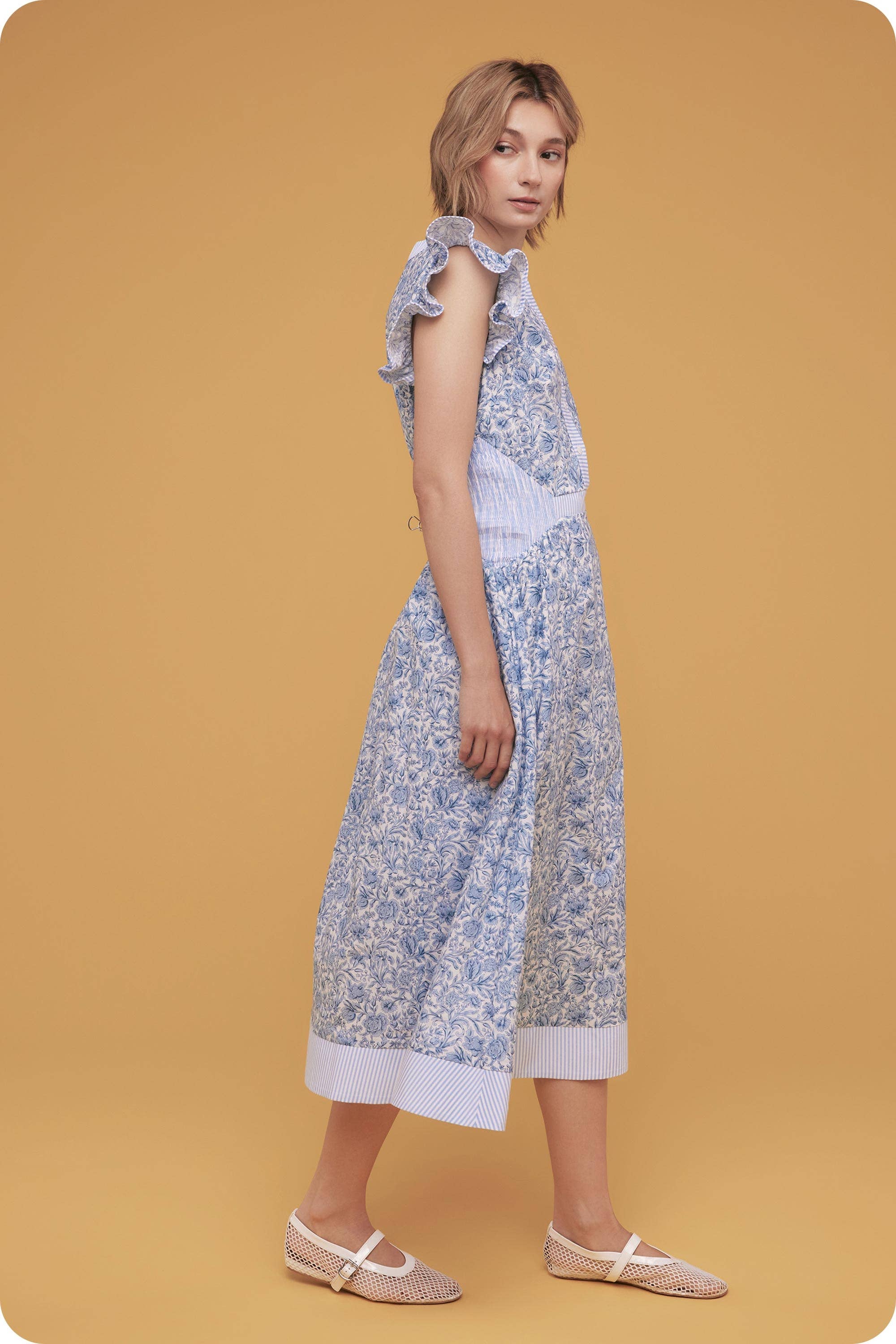 Floral Print Stripe Contrast Midi Dress