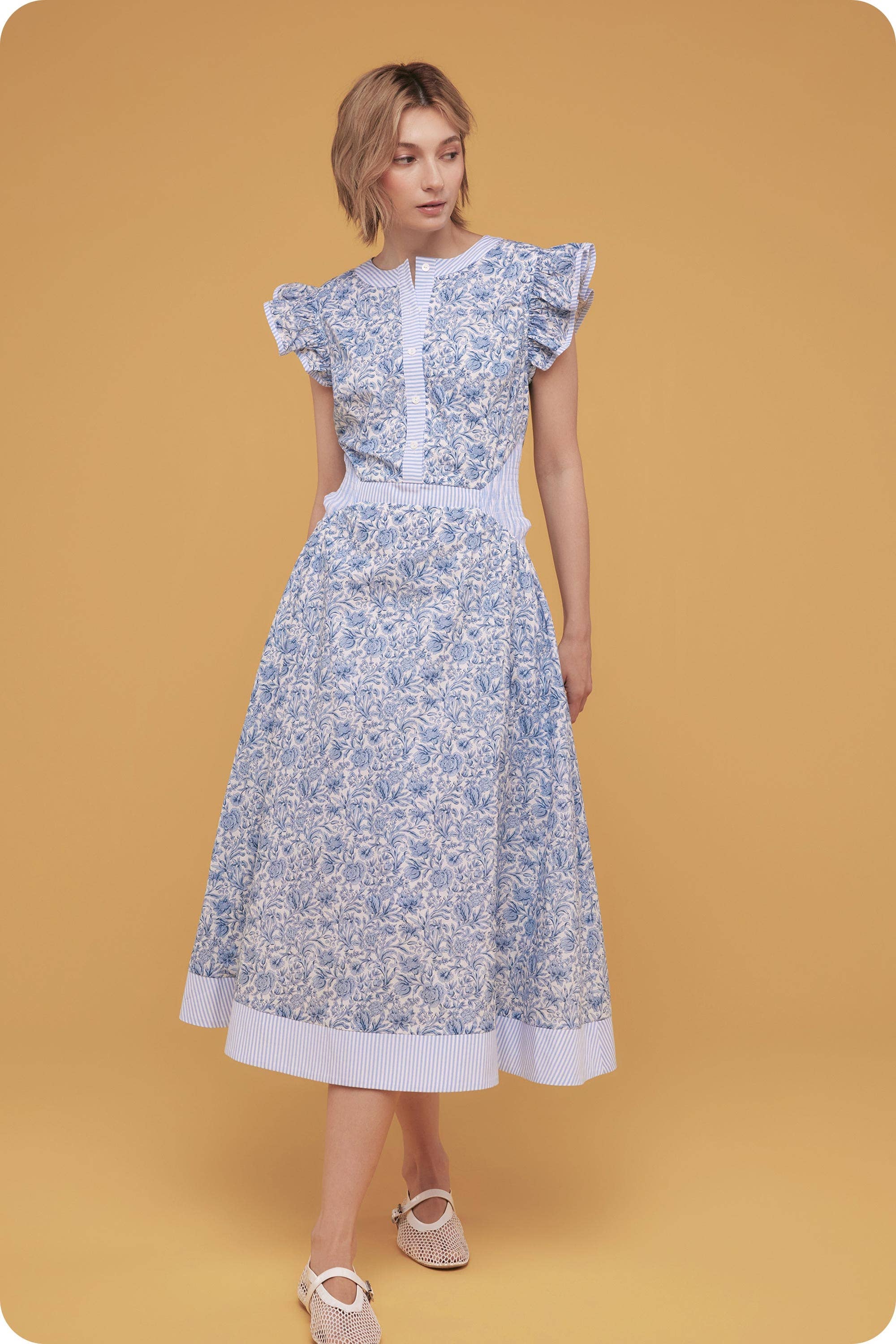 Floral Print Stripe Contrast Midi Dress