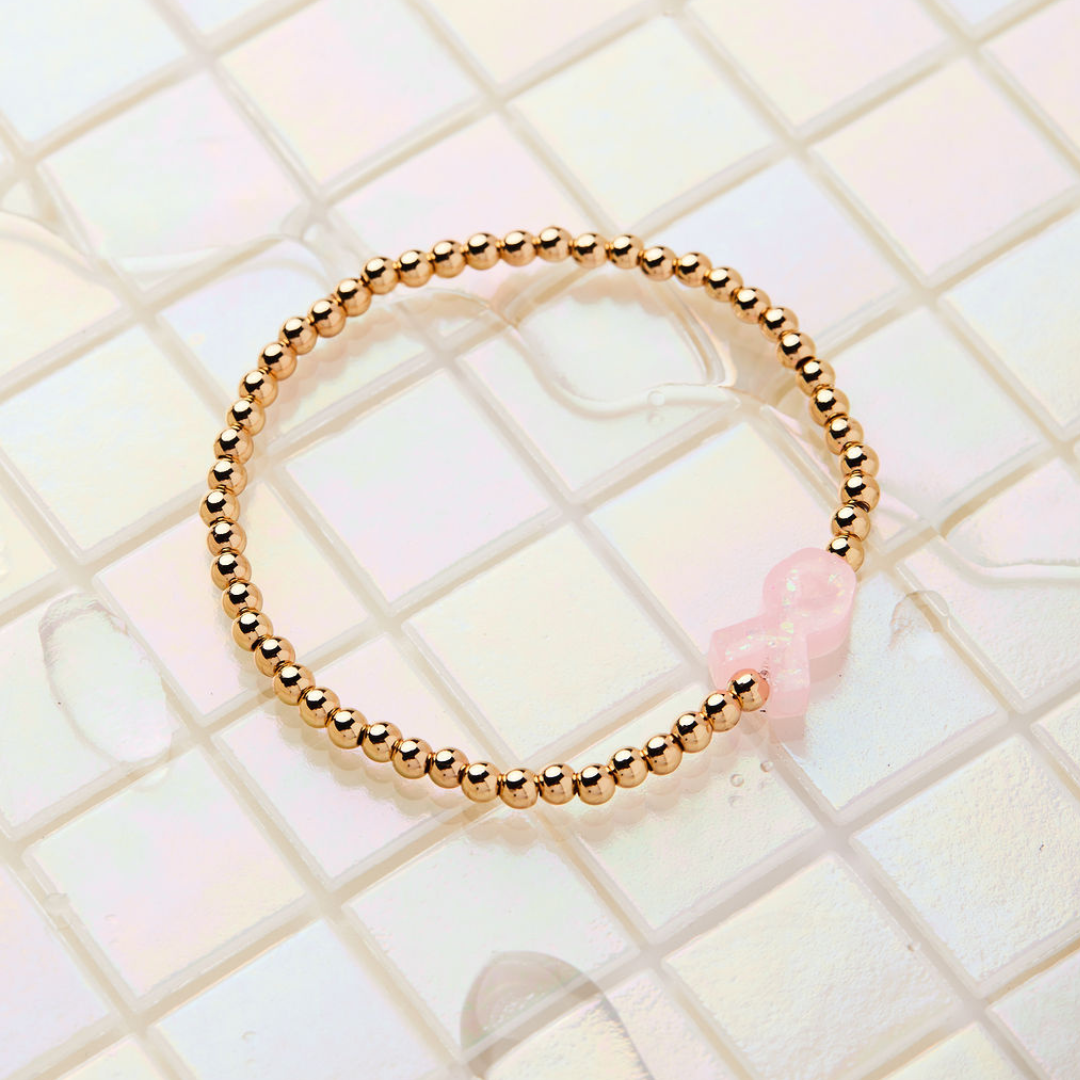 HOLY WATER PINK RIBBON AWARENESS BRACELET : Waterproof Gold