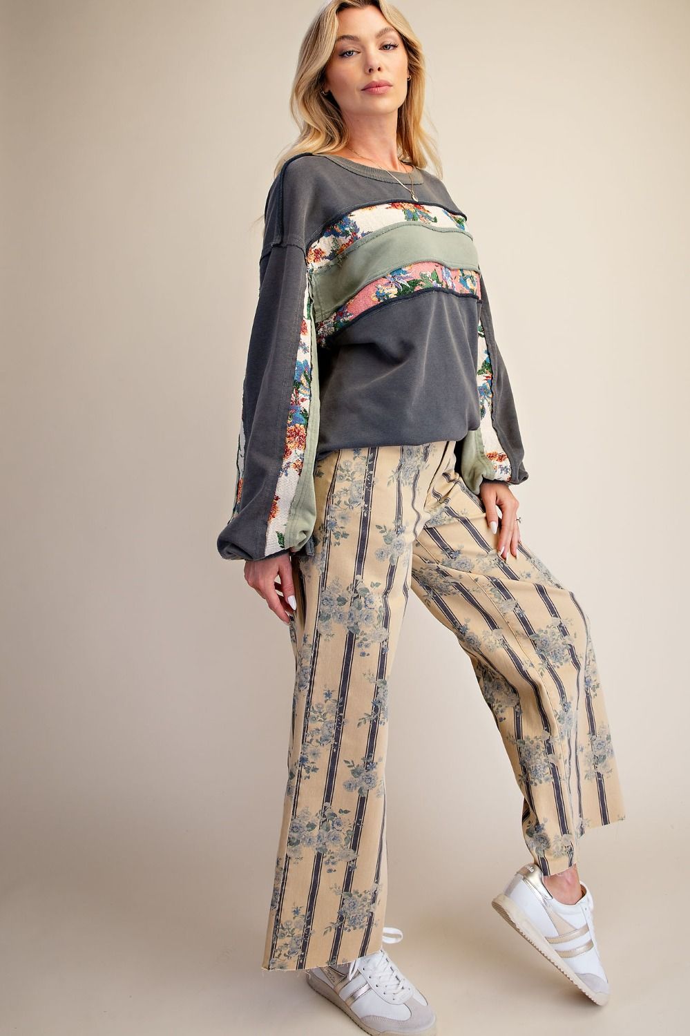 Vintage Bloom Floral Stripe Wide Leg Pants