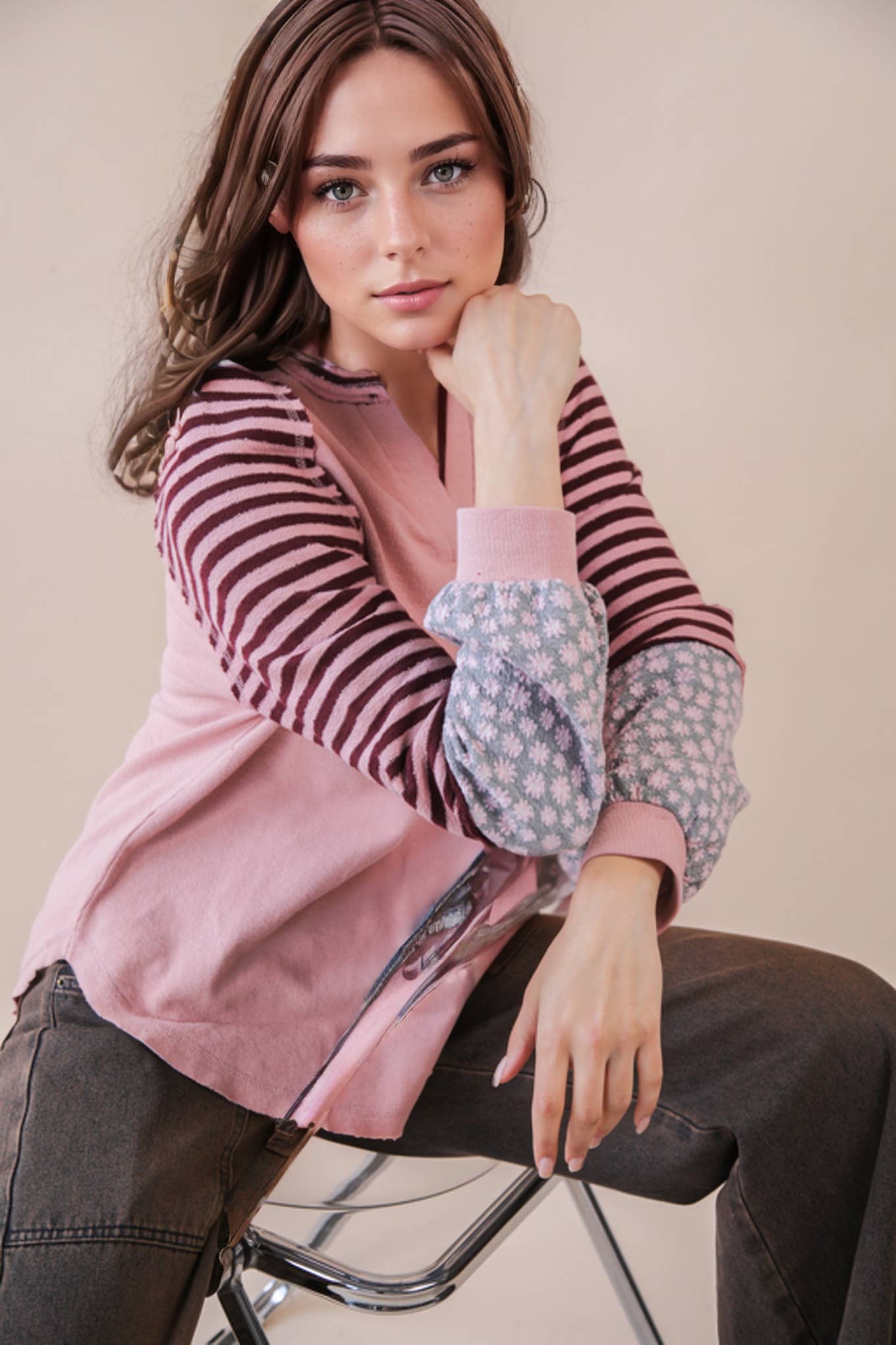Oversized Floral & Stripe Casual Knit