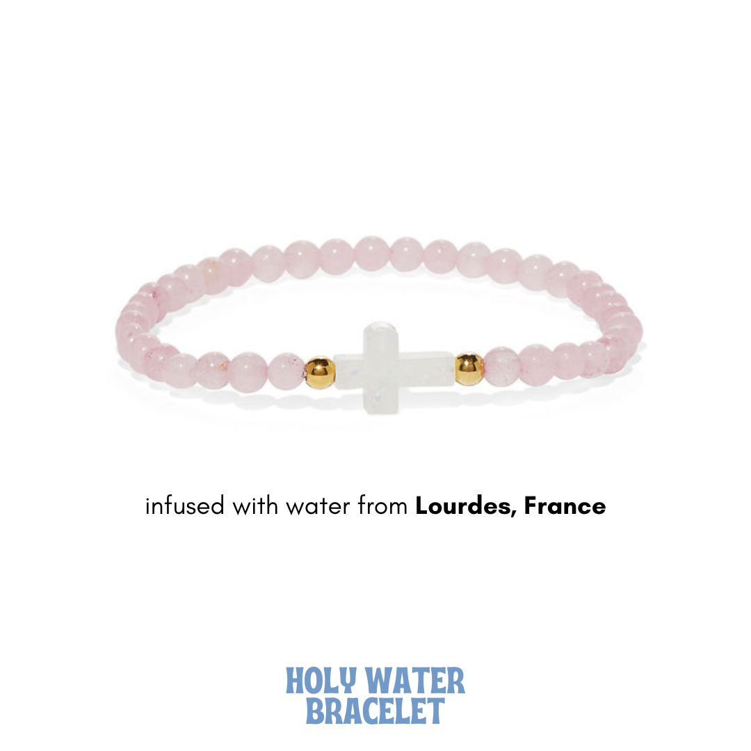 HOLY WATER ROSE QUARTZ CROSS BRACELET : Stainless Steel Spacer Beads