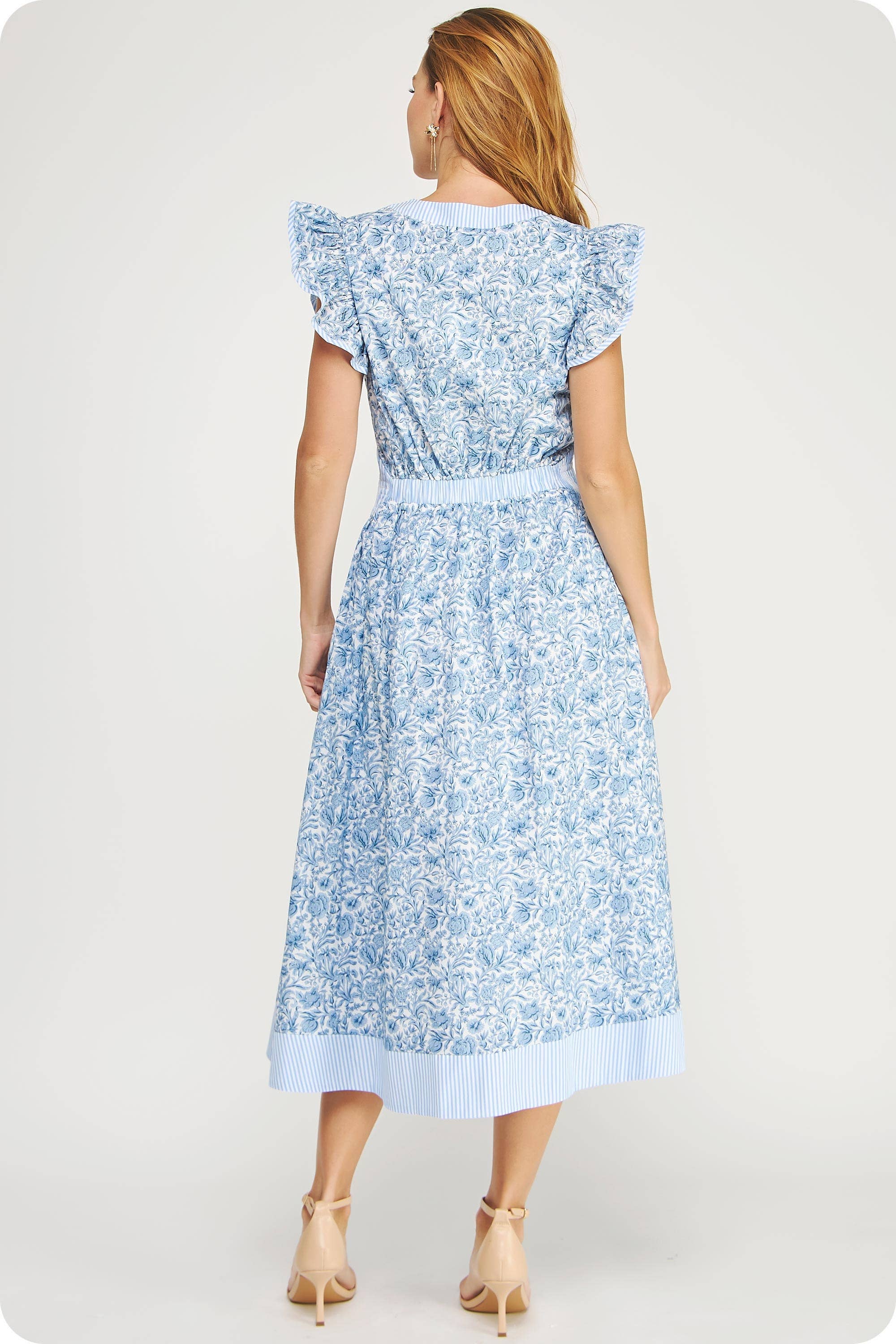 Floral Print Stripe Contrast Midi Dress