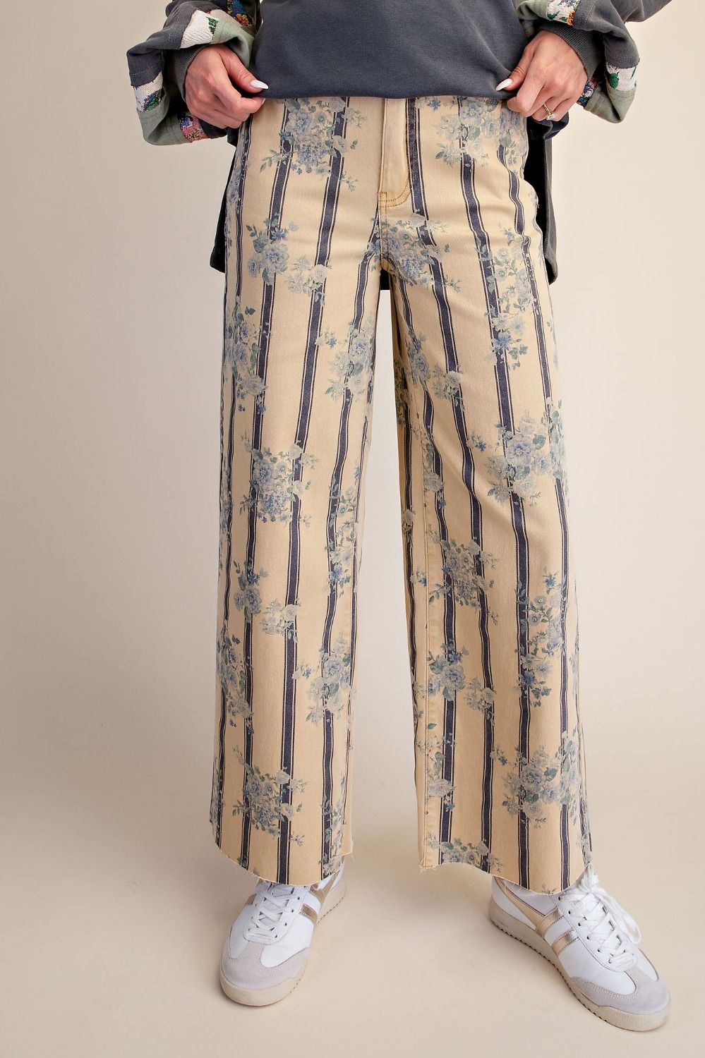 Vintage Bloom Floral Stripe Wide Leg Pants