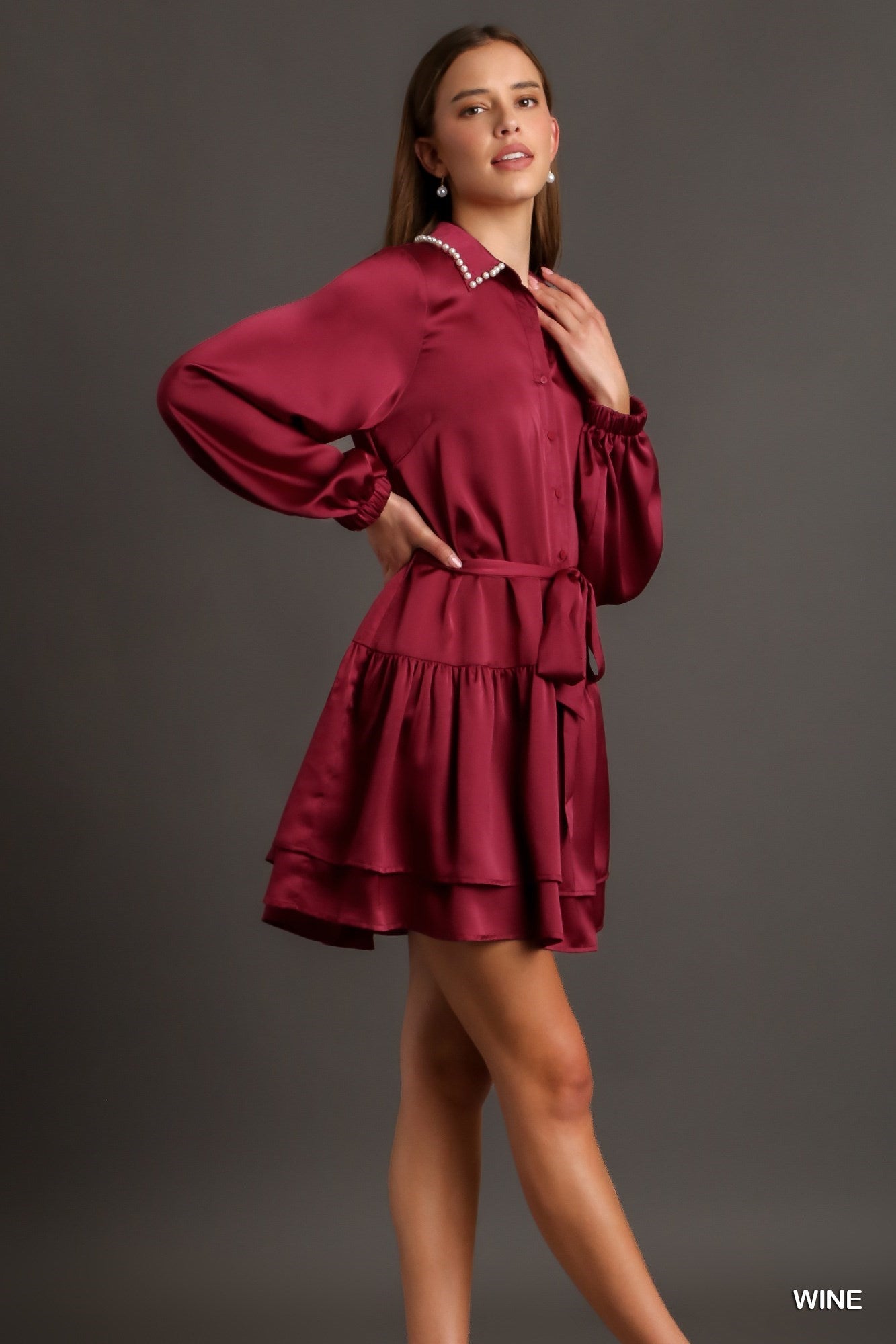Collared Satin Button Down Shirt Dress with Pearl