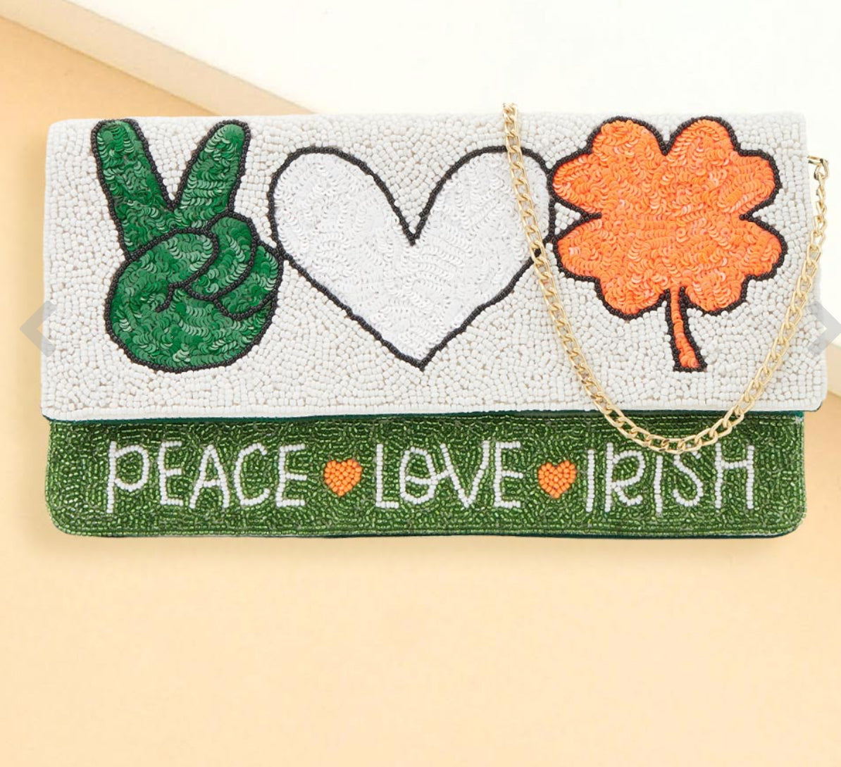 PEACE LOVE IRISH Sequin Beaded Clutch / Crossbody Bag