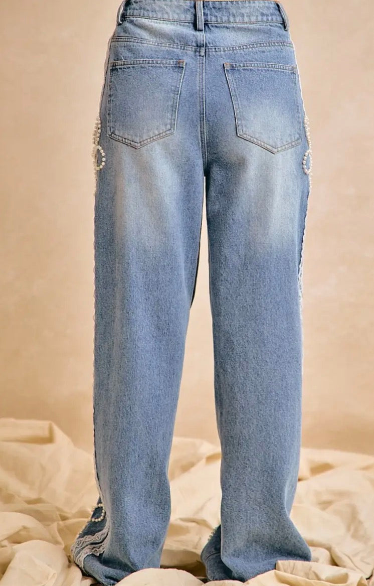 Pearls and Lace Wide Leg Jeans