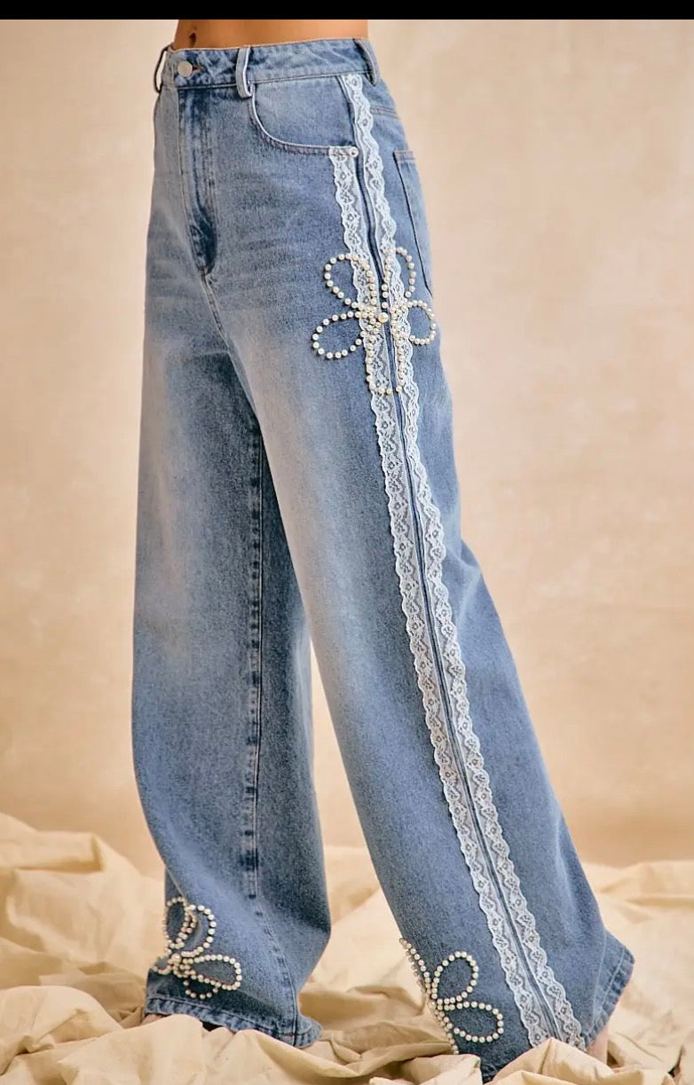 Pearls and Lace Wide Leg Jeans