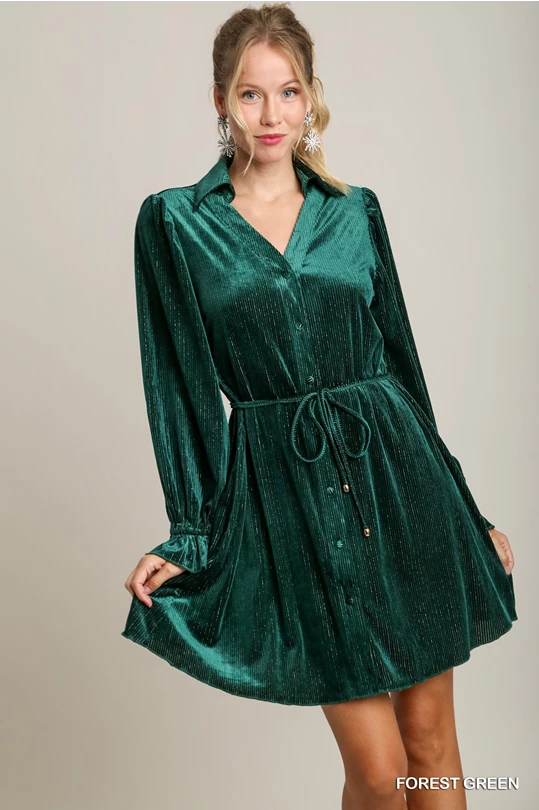 Textured Velvet Mini Dress with Belt and Merrow Stitch Detail