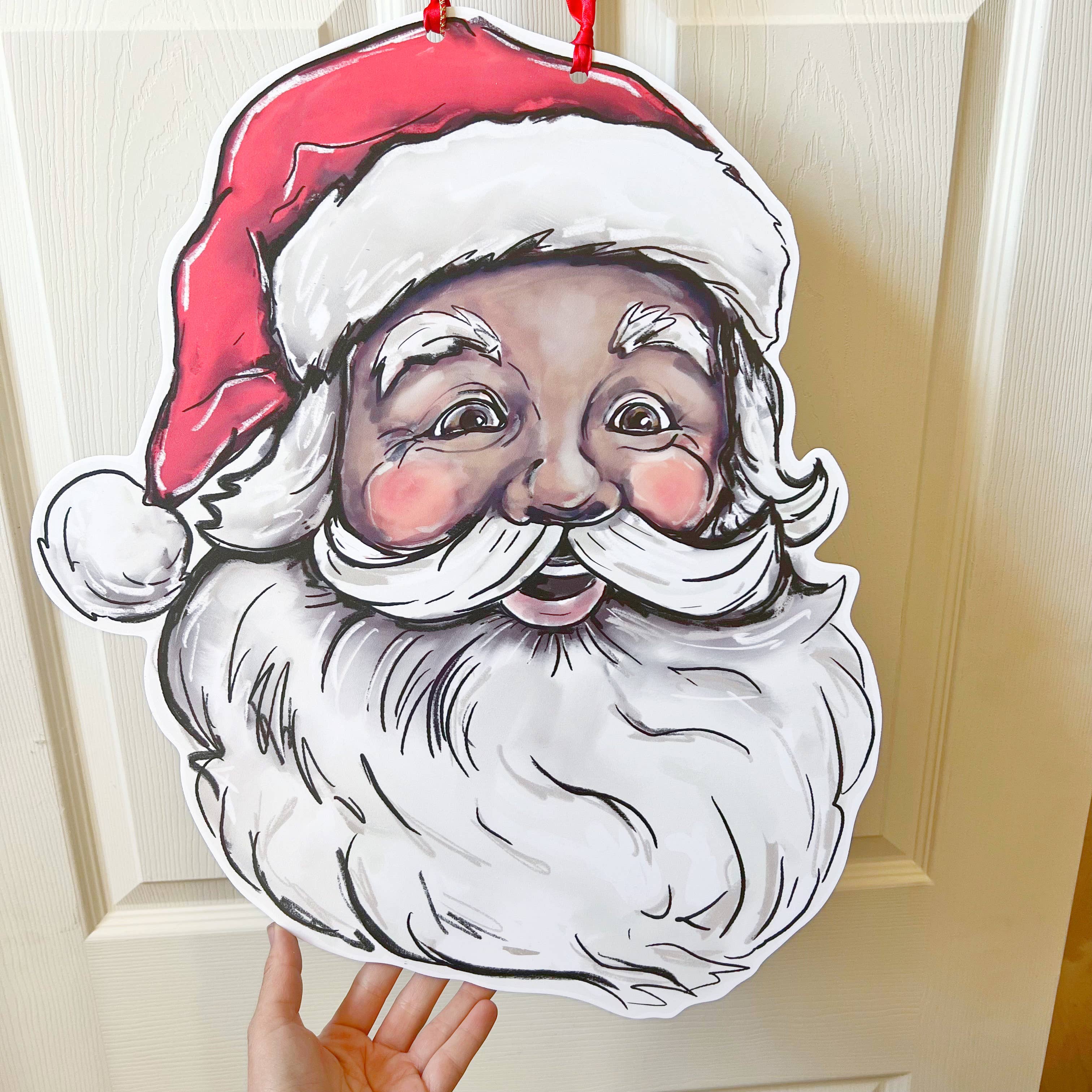 Vintage Jolly Santa Door Hanger -Christmas Holiday Door Sign