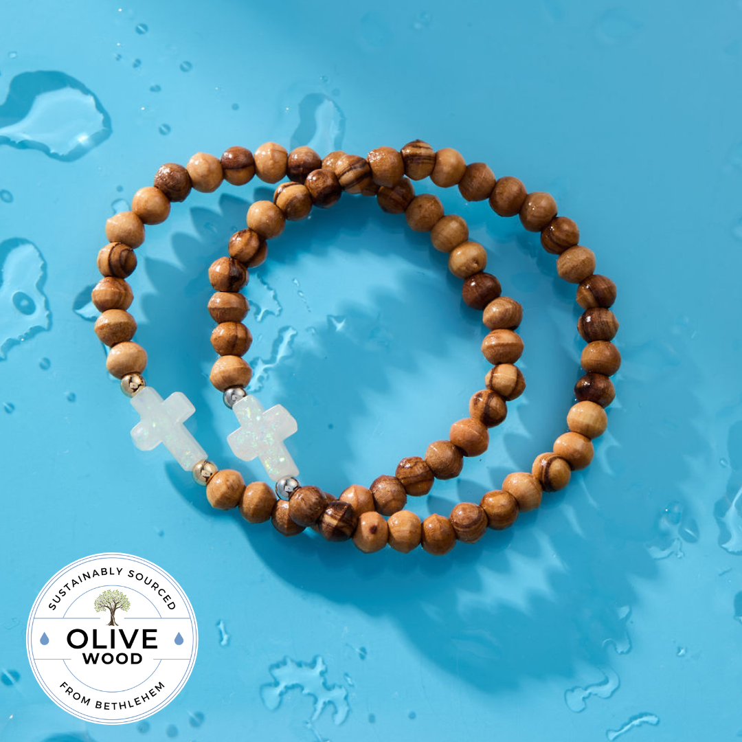 HOLY WATER OLIVE WOOD CROSS BRACELET: Stainless Steel Spacer Beads