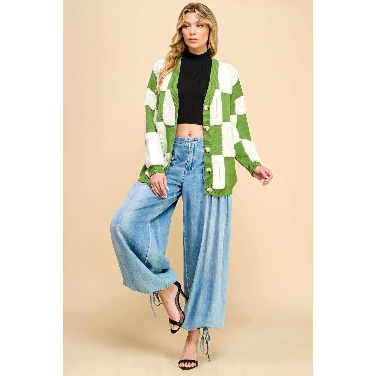 Square Chess Chunky Knit Cardigan