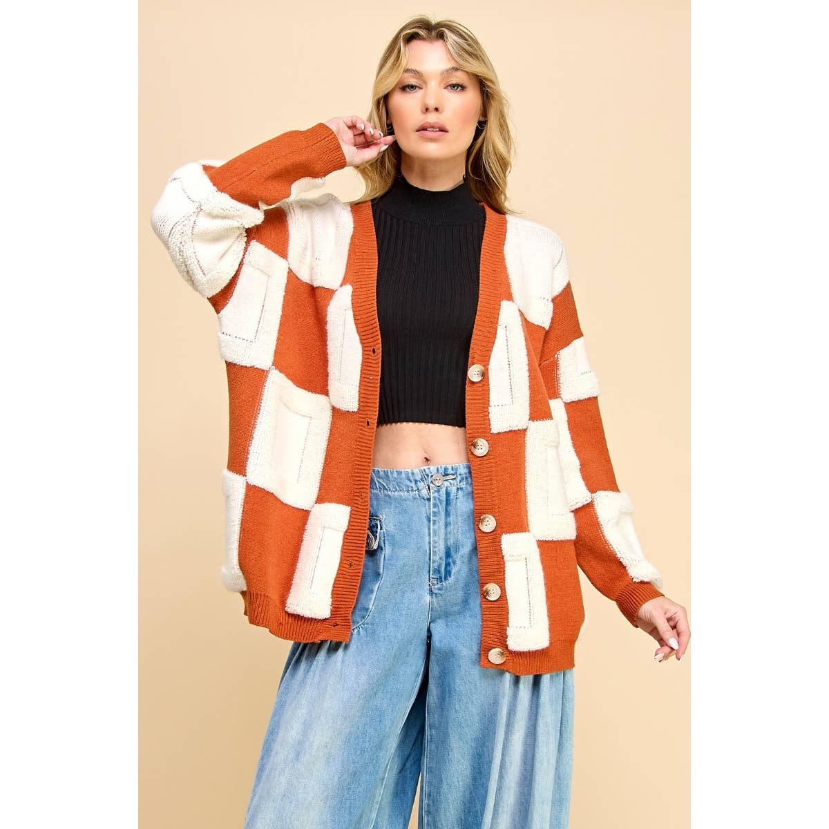 Square Chess Chunky Knit Cardigan