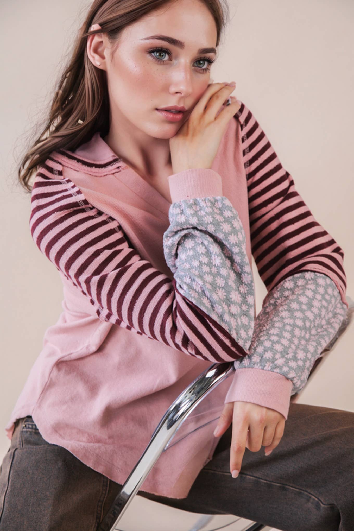 Oversized Floral & Stripe Casual Knit